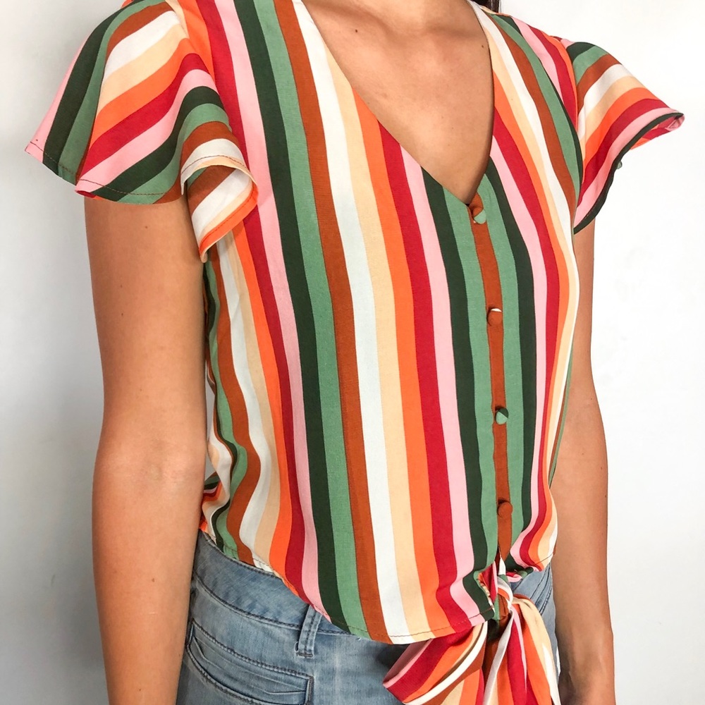 Colorful stripe tie front top!